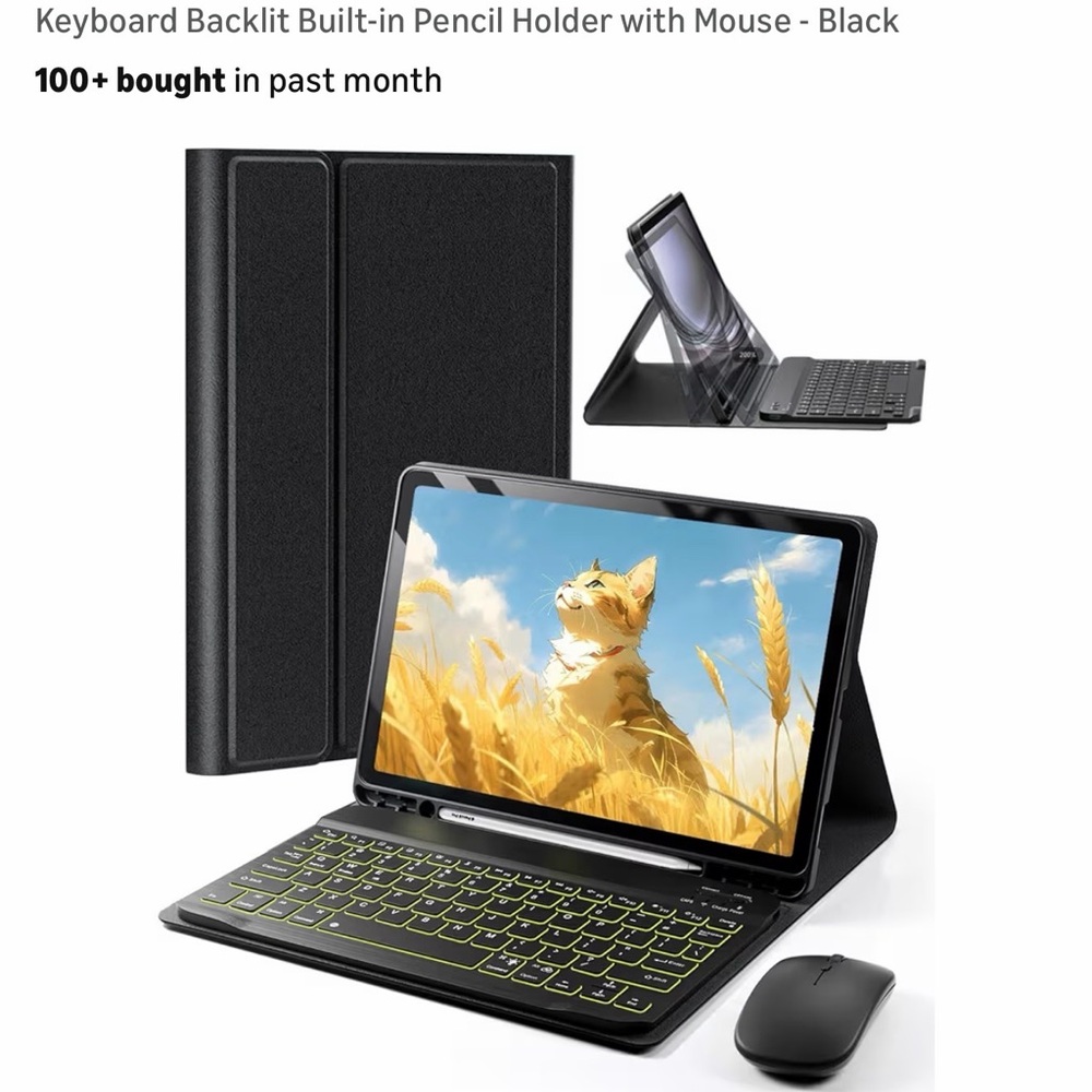 Black Tablet Keyboard with Backlit Keys and Mouse